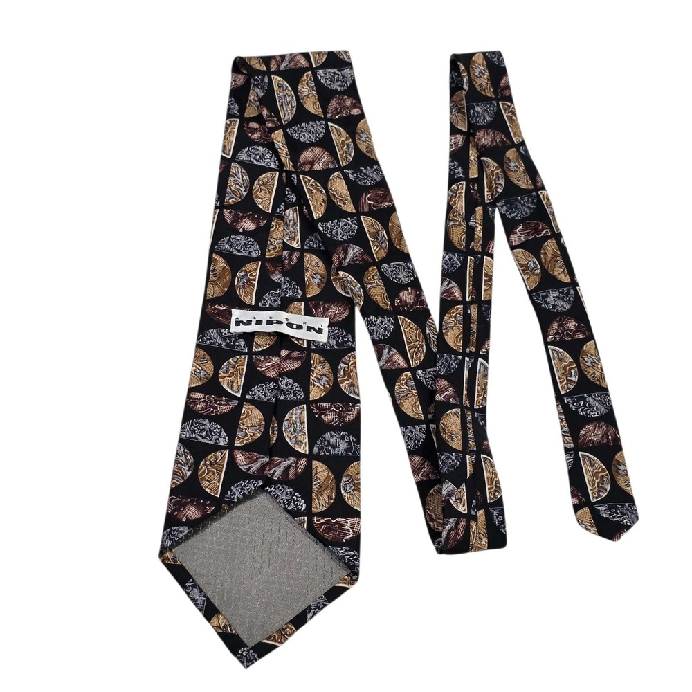 NIPON All Silk Geometric Pattern Necktie Black Gold Brown Men's Formal‎ Power